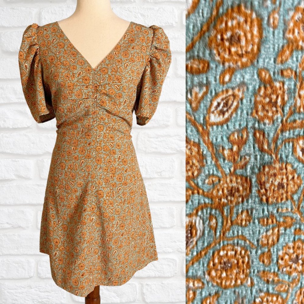 NWT Nordstrom Puff Sleeve A-Line V-Neck Dress by Treasure Bond Size Small Blue